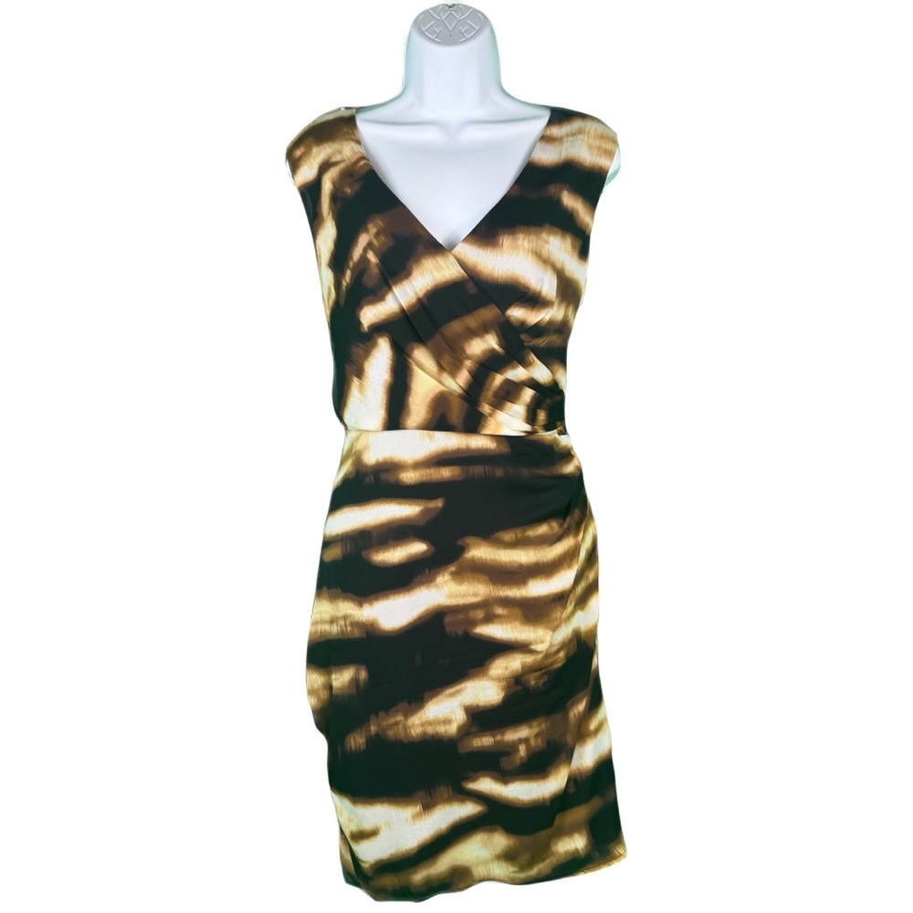 Ann Taylor Brown & Black Abstract Faux-Wrap Midi Dress Silk Sleeveless Petite 10